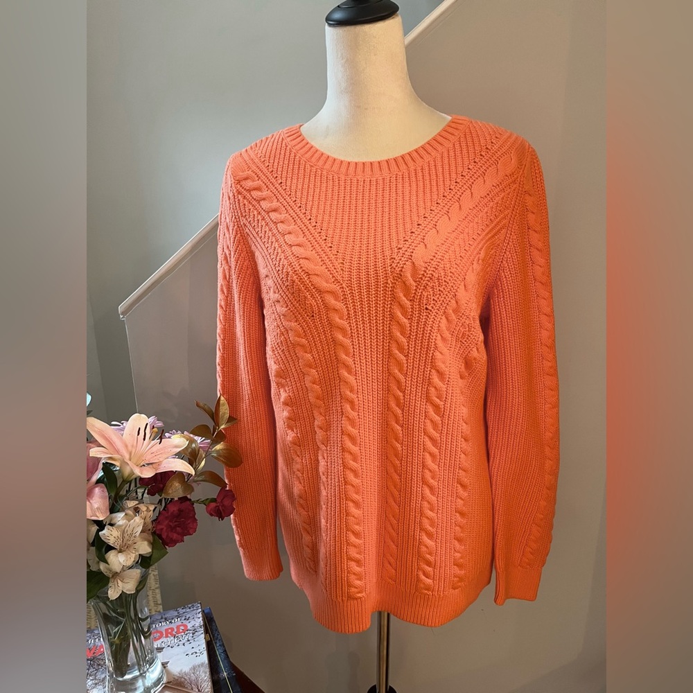 NWOT TALBOTS Sweater Fisherman‘s Cable Knit Pullover Crew Neck Tangerine MEDIUM